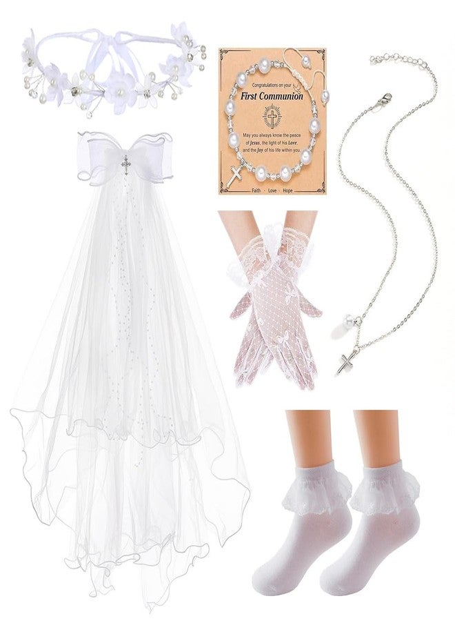 Yewkit First Communion Veils Set 1st Communion Wreath Veil Pearl Bracelet Gloves Sock Accessories - Image 1